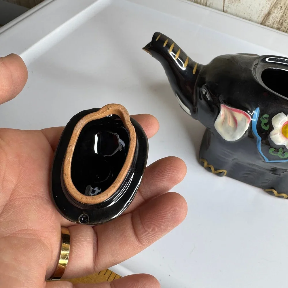 Vintage Black Elephant Teapot Ceramic Floral Design with Lid‎ Unique Collectible